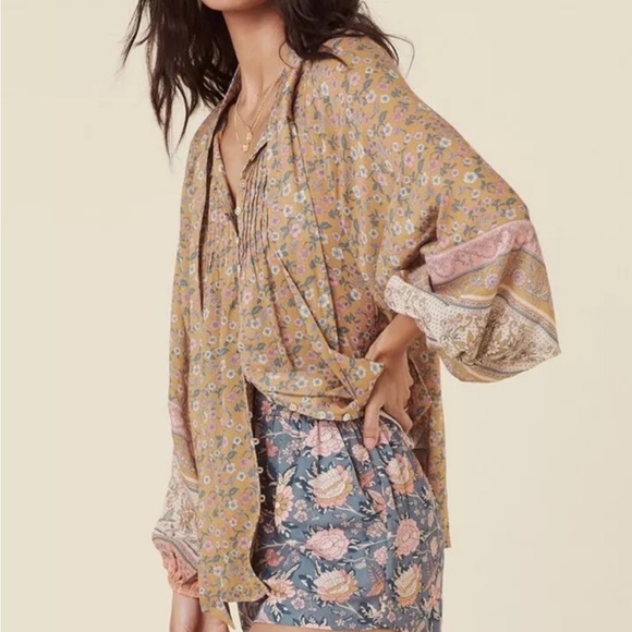 New Spell x Free People Mossy XL Brown Pink Buttonfront Tie-Neck Boho Blouse - Picture 5 of 15